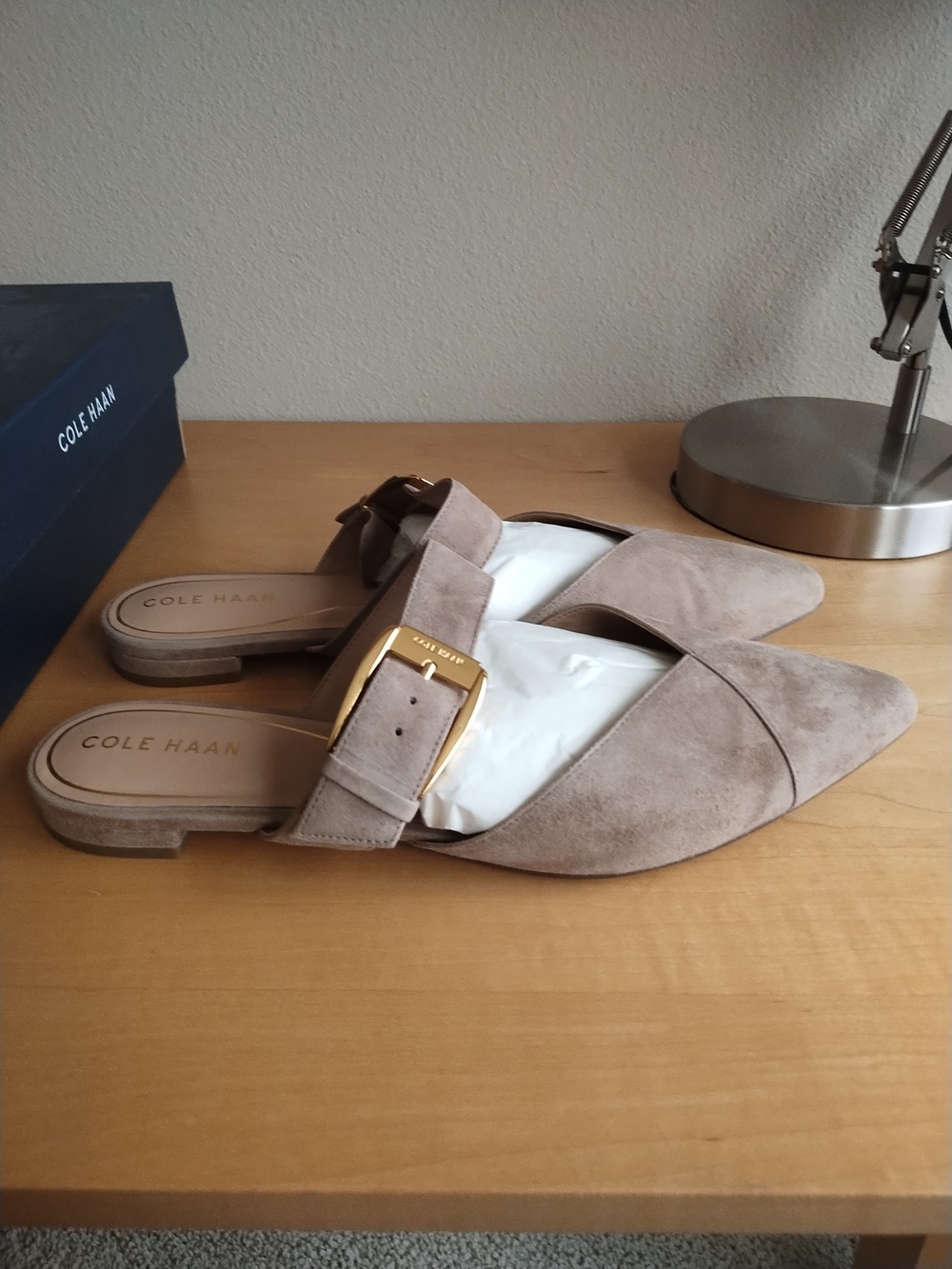 Cole Haan Taupe Suede Pointed-Toe Mule with Buckle - Picture 4 of 8